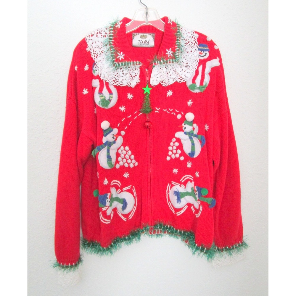 Vintage Tiara Christmas Cardigan Ugly Sweater Women's M / Lg Snowman Lace Tinsel